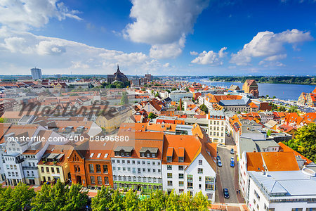 Rostock, Germany old city skyline.