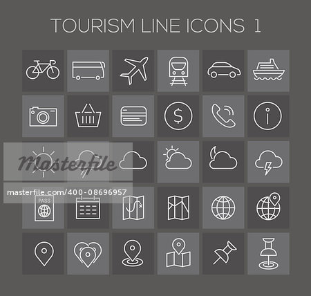 Thin line tourism icons on dark, set 1