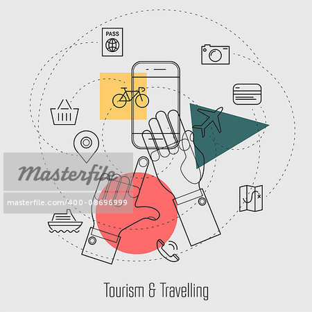 Tourism and Travelling Line Concept Webdesign Illustration Template Icons Collection