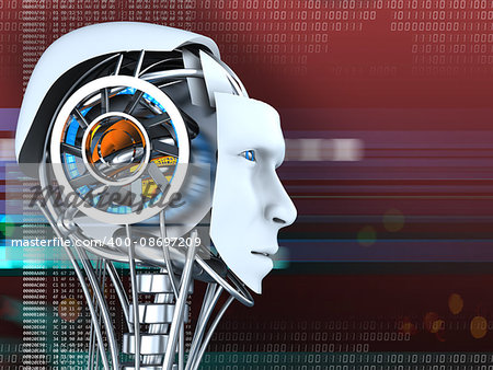 3d illustration of robot head over red digital background