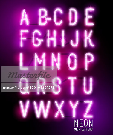 Retro glowing neon pink sign letters. Vector alphabet.