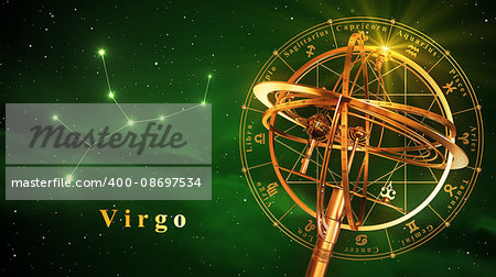 Armillary Sphere And Constellation Virgo Over Green Background. 3D Illustration.