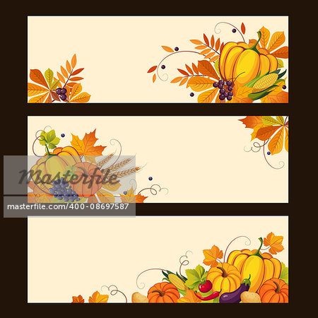 Banners with autumn harvest elements, swirls, leaves, fruit and vegetables, colorful vector illustration