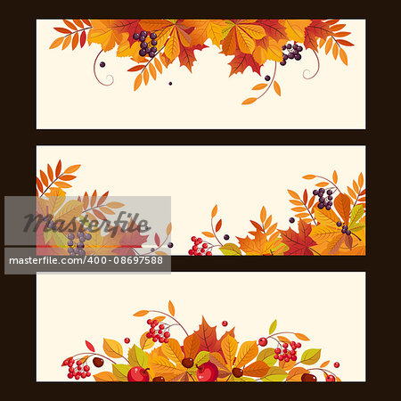 Banners with autumn elements, leaves, chestnuts and ripe berries, colorful vector illustration