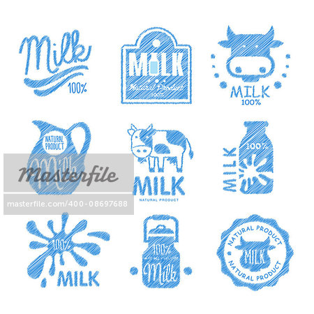 Set of milk and dairy farm product logo labels