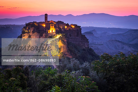 Civita di Bagnoregio, Viterbo, Lazio, Central Italy, Europe. Sunrise over Civita di Bagnoregio