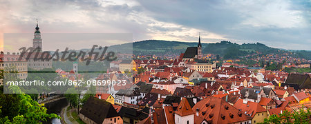 Czech Republic, South Bohemian Region, Cesky Krumlov. Buildings in old town at dawn.