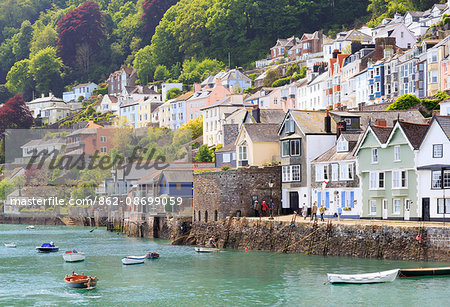England, South Devon, Dartmouth. Colourful buildings and boats at the River Dart.