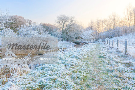 England, Calderdale. A heavy frost in the West Yorkshire countryside.