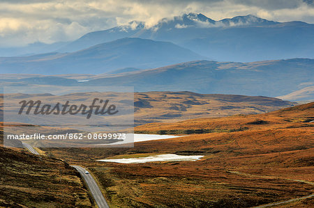 Scotland, Ullapool. The A835 road viewed from Knockan Crag north of Ullapool.