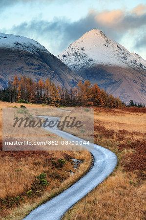 Scotland, Highland, Glen Etive. The road through the Glen in autumn.