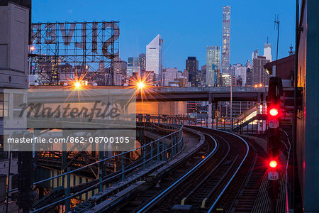 USA, East Coast, New York, Brooklyn, Subway station and Midtown Skyline