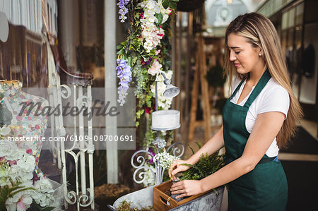 Female florist arranging flowers in wooden box at her flower shop