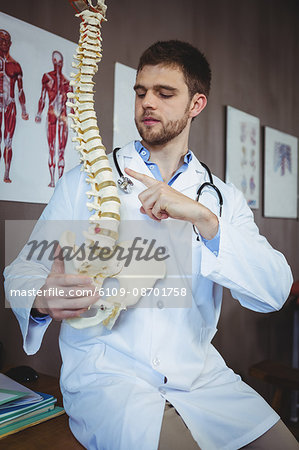 Physiotherapist explaining spine model in the clinic