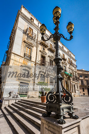 Steps and lamp post at Piazza Pretoria (Pretoria Square) at historic center of Palermo in Sicily, Italy