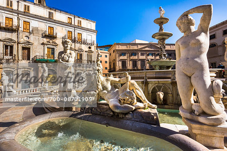 Close-up of a variety of statues at the Pretoria Fountain in Piazza Pretoria (Pretoria Square) in the historic center of Palermo in Sicily, Italy