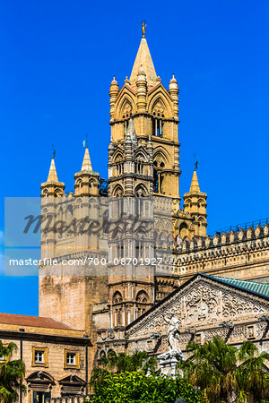 Ornate steeples of the Palermo Cathedral in historic Palermo in Sicily, Italy
