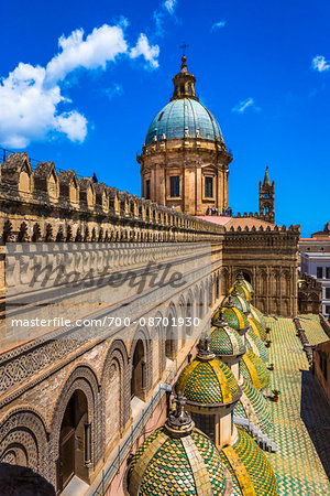 Rooftop of the Palermo Cathedral with domes in the historic city of Palermo in Sicily, Italy