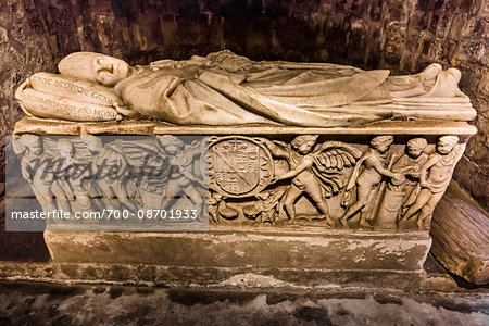 The ornate sarcophagus of the Archbishop in the Crypt under the historic Palermo Cathedral in Palermon in Sicily, Italy