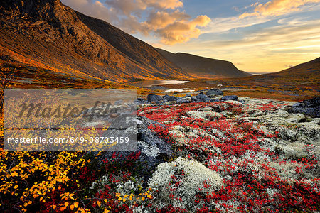 Autumn coloured valley and Malaya Belaya river, Khibiny mountains, Kola Peninsula, Russia