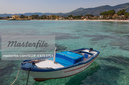 Traditional colourful fishing boat moored at the seaside resort of Mondello, Sicily, Italy, Mediterranean, Europe