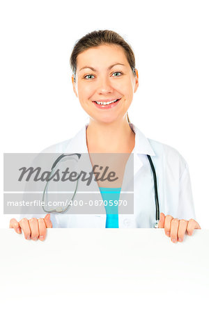 Portrait of a doctor with a large white poster for inscriptions