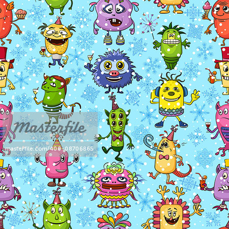 Seamless Christmas Background for Your Holiday Party Design, Different Cartoon Monsters and Blue and White Snowflakes, Colorful Tile Pattern with Cute Funny Characters, Feasting and Dancing. Vector