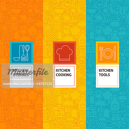 Line Kitchen Cooking Patterns Set. Vector Illustration of Logo Design. Template for Packaging with Labels.