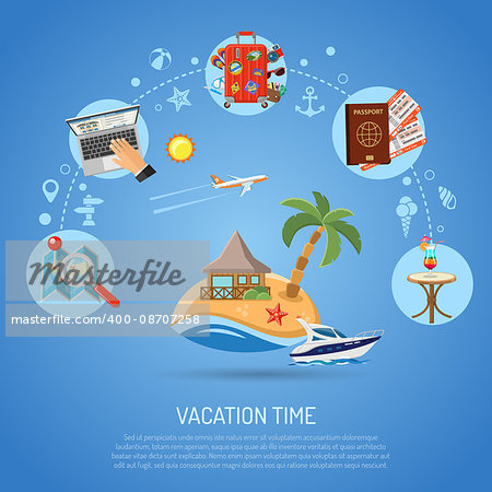 Vacation Concept and Tourism Infographics with Flat Icons for Mobile Applications, Web Site, Advertising like Planning, Booking, Tickets, Island, Map and Hands.