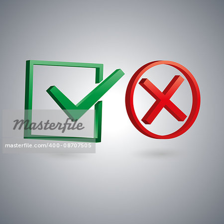 Set of two isolated check marks with 3D effect, the sign performed, tested, rejected, positive and negative response, vector illustration.