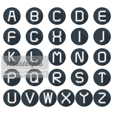 Set of round icons of the Latin alphabet in retro style with long diagonal shadow, vector illustration.