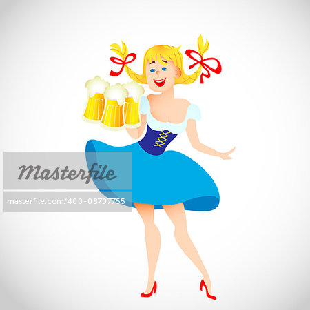 Cute cartoon Oktoberfest german girl waitress in traditional clothes with beer. Vector illustration