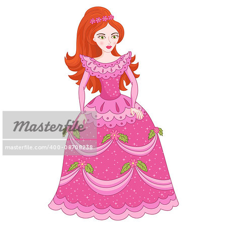 Illustration of beautiful red-haired princess, cute princess in shine elegant pink dress with spangles, vector illustration