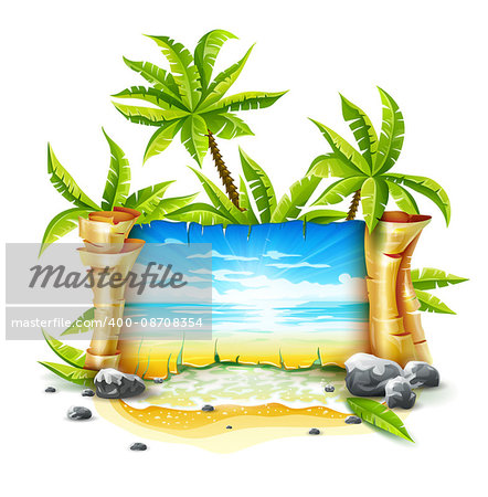 Travel banner with old parchment paper script and sea skyline with waves and clouds landscape. Paradise Island resort, tropical coconut palms on sand beach water breakers, vector illustration isolated