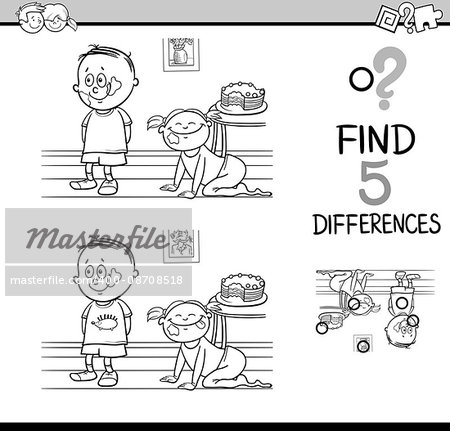 Black and White Cartoon Illustration of Finding Differences Educational Activity Task for Kids with Child Characters for Coloring Book