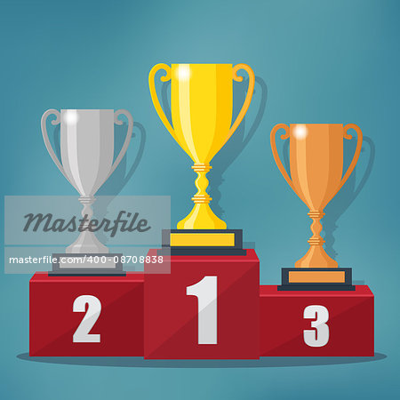 Gold, Silver and Bronze Trophy Cup on prize podium. Also available as a Vector in Adobe illustrator EPS 10 format.