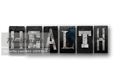 The word "HEALTH" written in vintage, dirty, ink stained letterpress type and isolated on a white background.