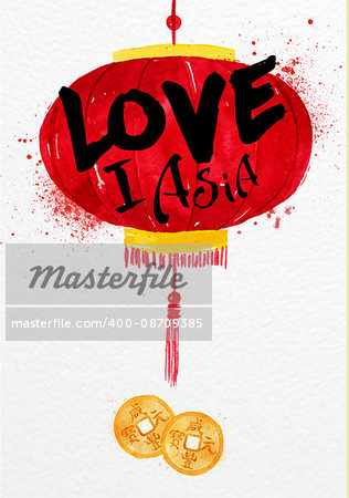 Poster red paper lantern with feng shui asia coin lettering I love asia drawing with drops and splash on watercolor paper background