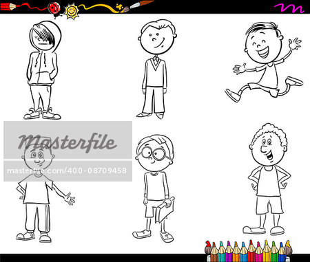 Black and White Cartoon Illustration of School Age Boys Children or Teenager Characters Set for Coloring Book