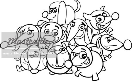 Black and White Cartoon Illustration of Funny Dogs Animal Characters Coloring Book