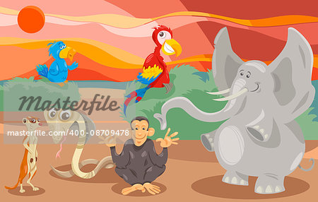 Cartoon Illustration of Scene with Wild Animal Characters Group