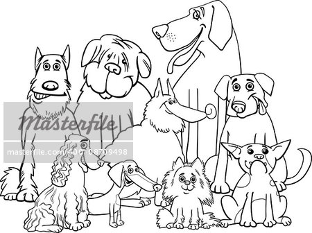 Black and White Cartoon Illustration of Purebred Dogs Animal Characters Group Coloring Book