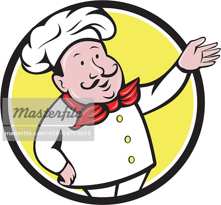 Illustration of a french chef cook baker with moustache wearing hat and bandana on neck with arm out welcoming greeting viewed from front set inside circle on isolated background done in cartoon style.