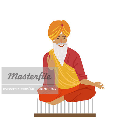 Indian Yogi Sitting On Nails Country Cultural Symbol Illustration. Simplified Cartoon Style Drawing Isolated On White Background