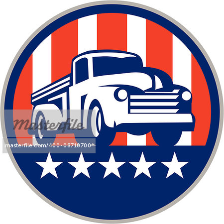 Illlustration of a vintage pick up truck set inside circle with usa american stars and stripes flag in the background done in retro style.