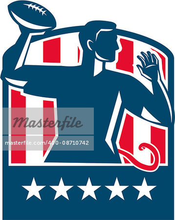 Illustration of a flag football player QB passing ball viewed from the side set inside shield crest with usa american stars and stripes flag in the background done in retro style.