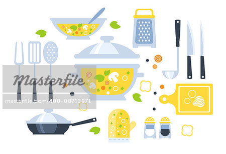 Soup Preparation Set Of Utensils Illustration. Flat Primitive Graphic Style Collection Of Cooking Items And Vegetables On White Background.