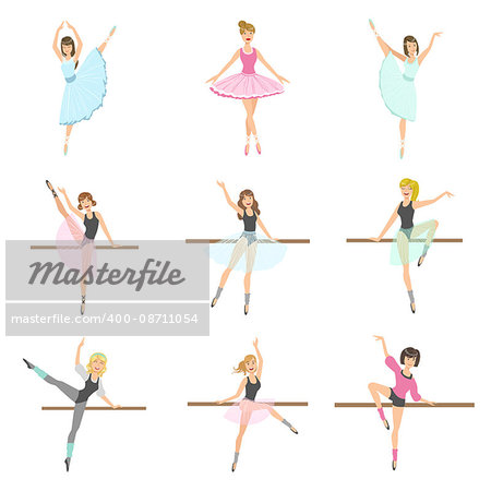 allet Dancers In Different Poses Rehearsing Set Of Flat Simplified Childish Style Cute Vector Illustrations Isolated On White Background