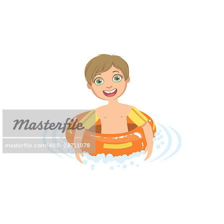 Boy In Water With Round Float Simple Design Illustration In Cute Fun Cartoon Style Isolated On White Background