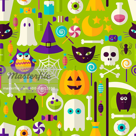 Halloween Holiday Seamless Pattern. Vector Illustration of Scary Party Flat Style Tile Background. Trick or Treat.